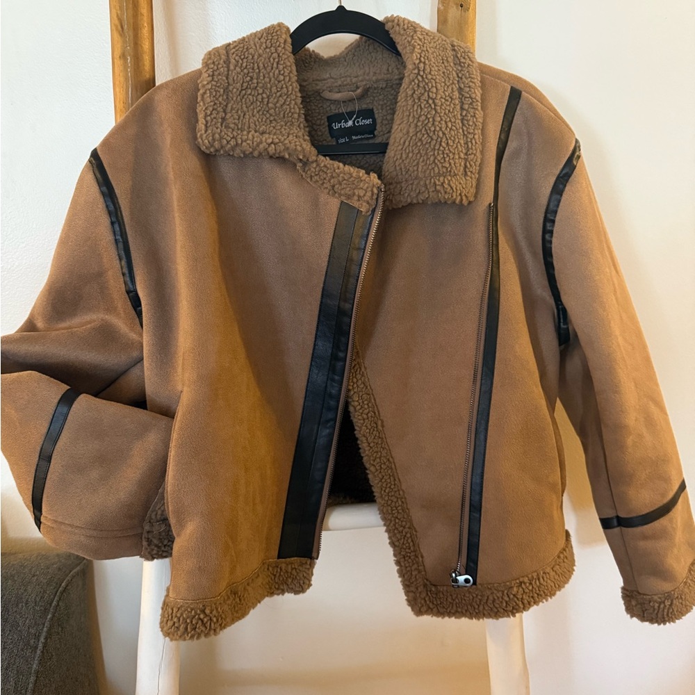 Brown Shearling Jacket with Black Trim